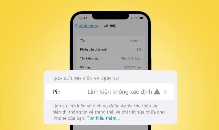 Ảnh chụp màn hình cảnh báo Linh kiện không xác định trên iPhone, lưu ý quan trọng khi chọn mua máy